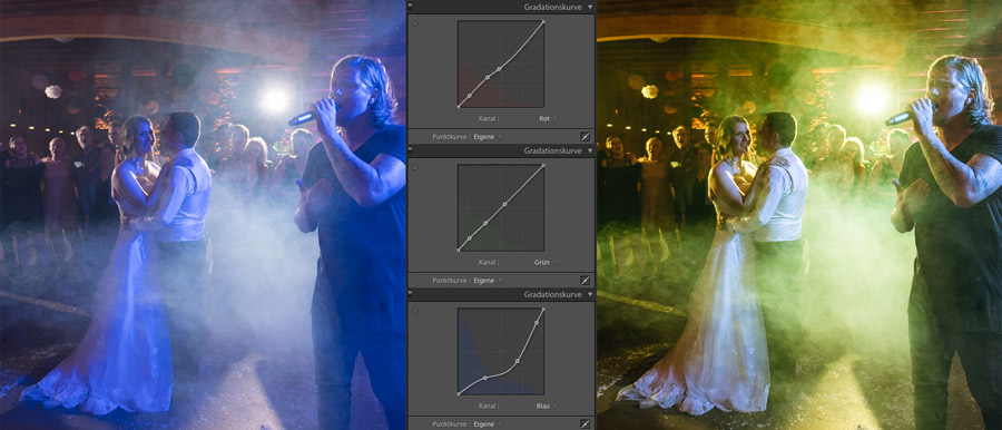 Die RGB-Kanäle in der Punktkurve von Lightroom helfen beim LED Licht auf der Tanzfläche